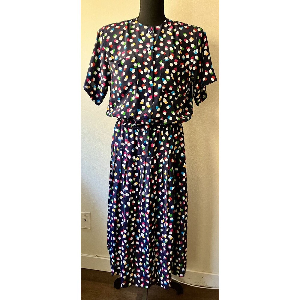 Vintage 80s Liz Roberts Secretary Shirtwaist Dress Bright Colorful Dots Pleats L